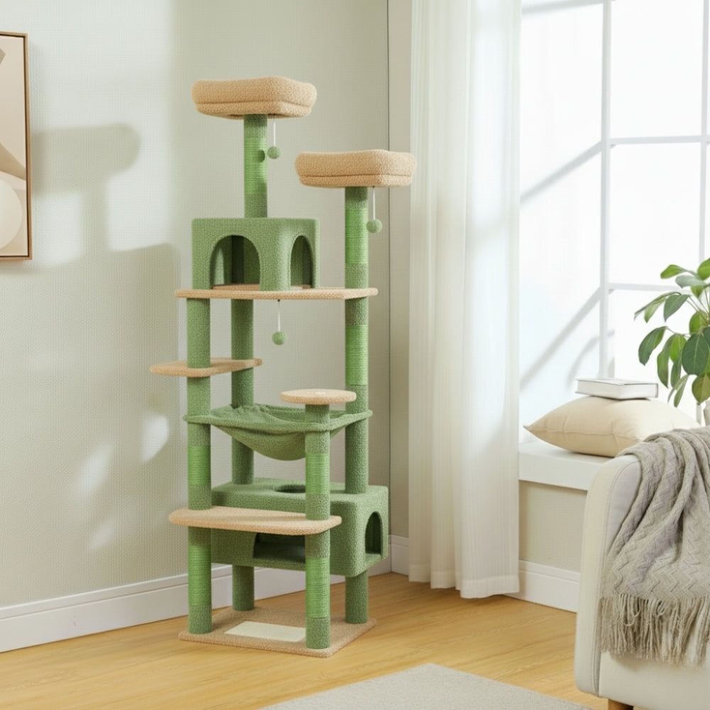 Arbre à Chat Maine Coon 184cm Hamac Bois | Vert | Perchoir Du Chat