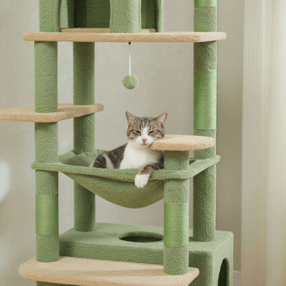 Arbre à Chat Maine Coon 184cm Hamac Bois | Vert | Perchoir Du Chat