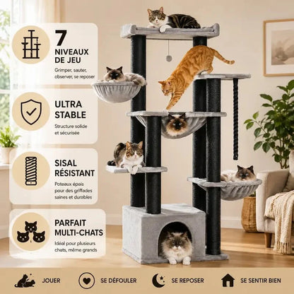 Arbre à Chat 7 Niveaux avec Griffoir et Hamac