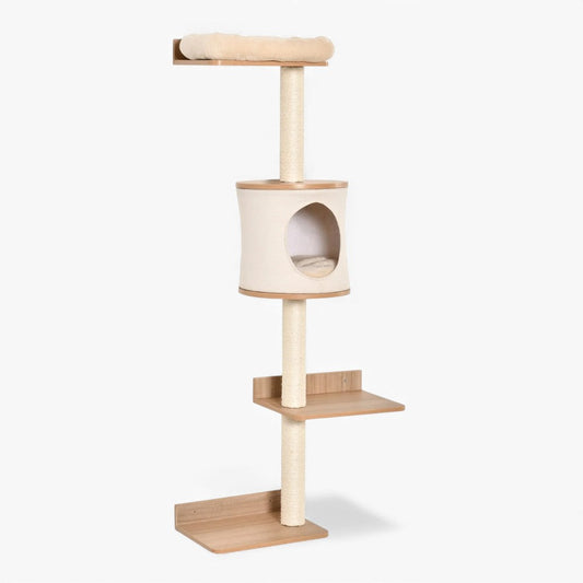 Arbre à Chat Mural 149cm Griffoir Bois | Design Beige | Perchoir Du Chat