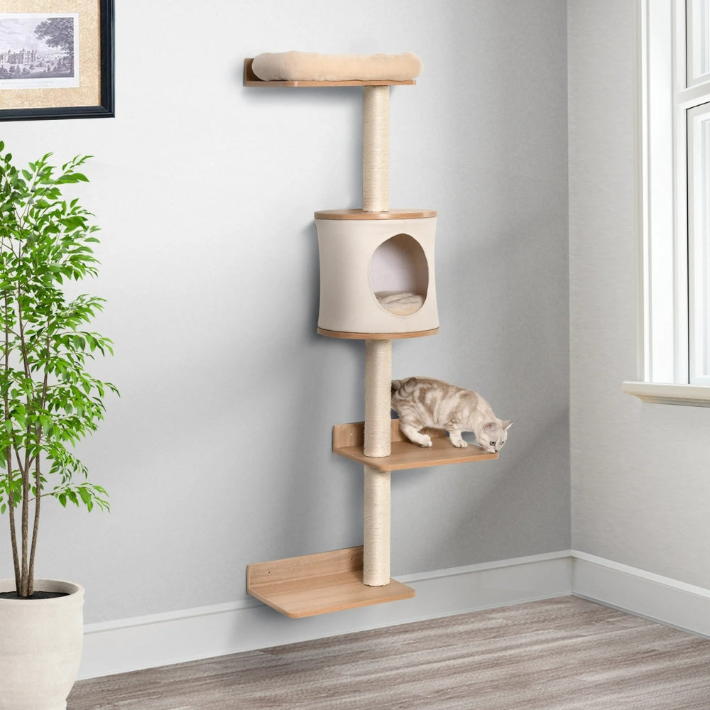 Arbre à Chat Mural 149cm Griffoir Bois | Design Beige | Perchoir Du Chat