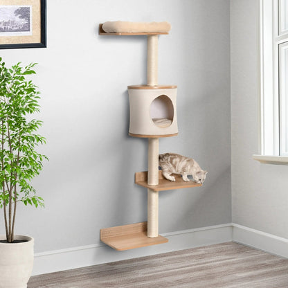 Arbre à Chat Mural 149cm Griffoir Bois | Design Beige | Perchoir Du Chat