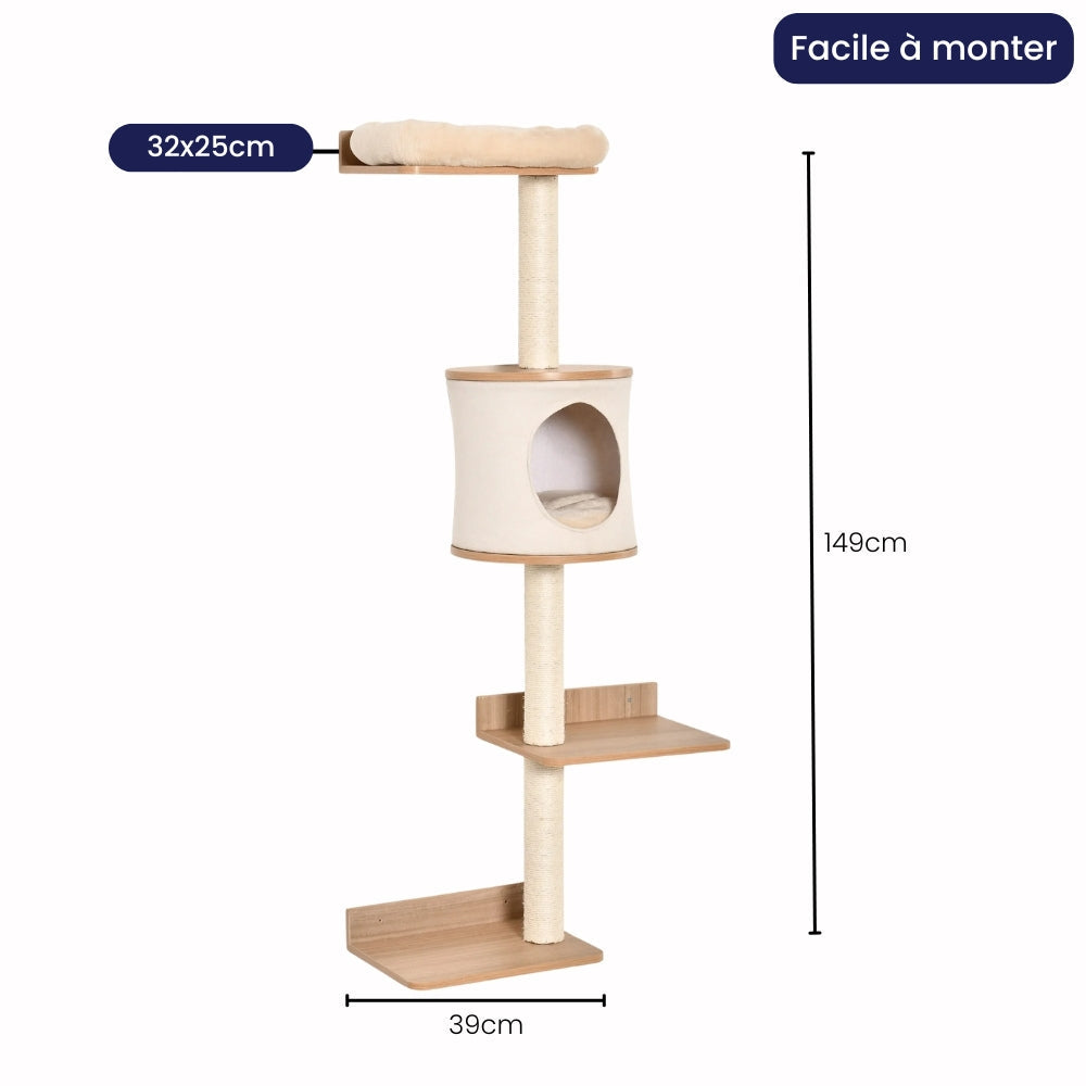 Arbre à Chat Mural 149cm Griffoir Bois | Design Beige | Perchoir Du Chat
