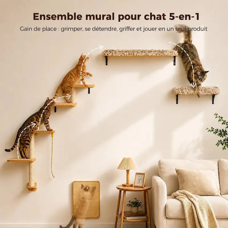 Arbre à Chat Mural 5-en-1 Compact et Pratique