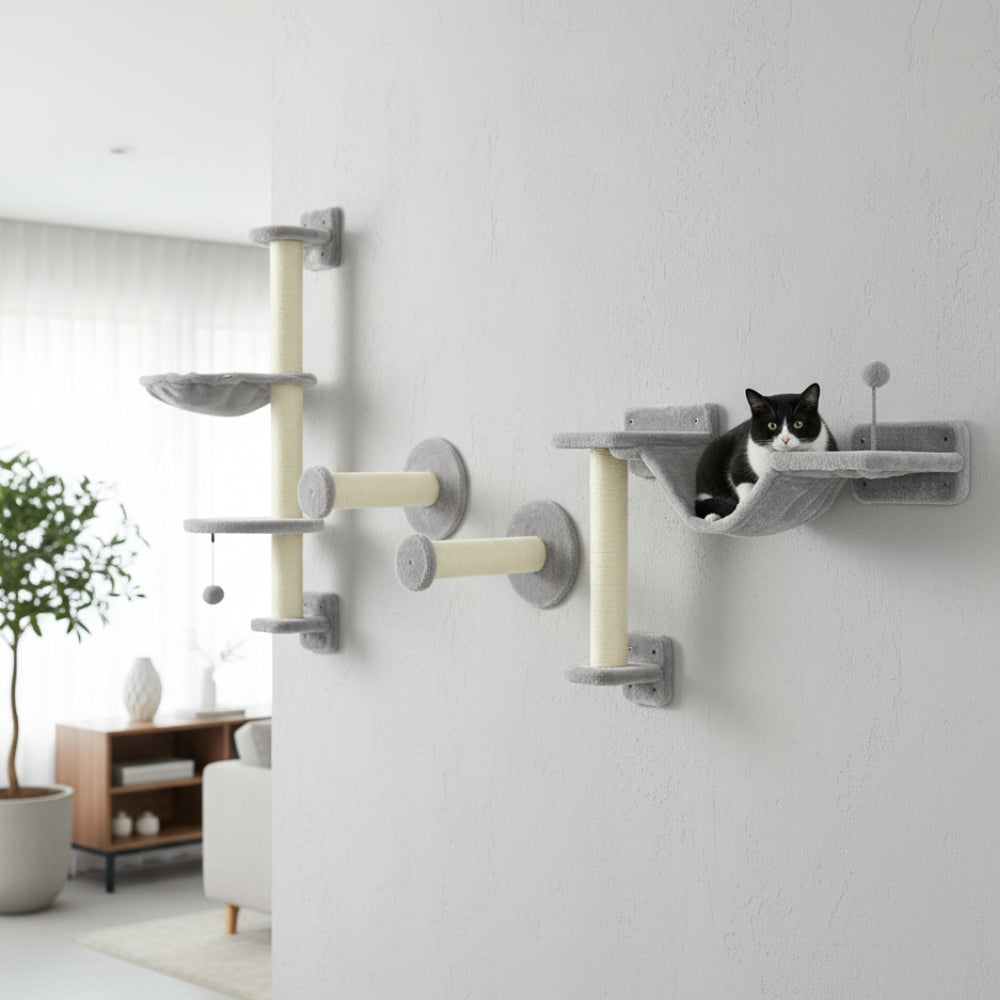 Arbre à Chat Mural Hamac Bois | Design Gris | Perchoir Du Chat