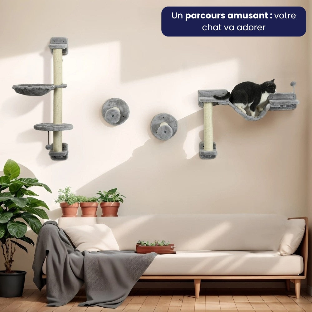 Arbre à Chat Mural Hamac Bois | Design Gris | Perchoir Du Chat