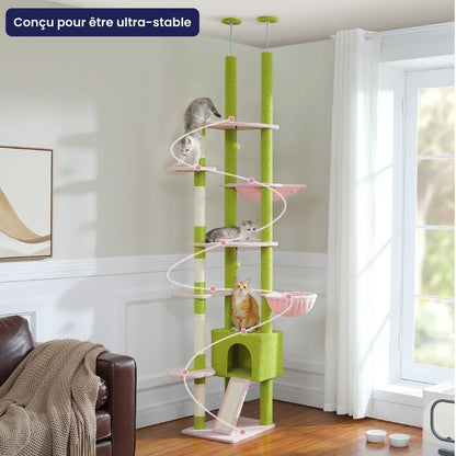 Arbre à Chat Plafond 230-255cm Hamac Bois | Vert | Perchoir Du Chat