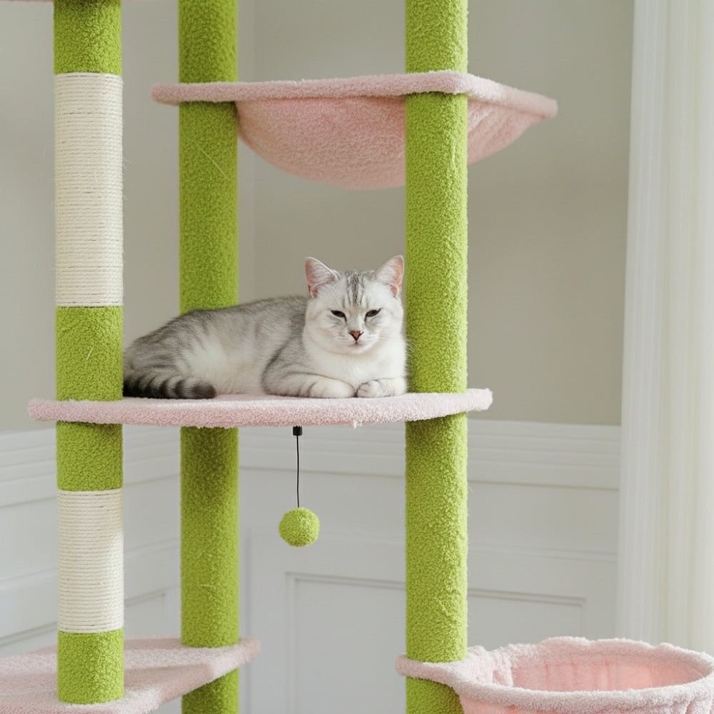 Arbre à Chat Plafond 230-255cm Hamac Bois | Vert | Perchoir Du Chat