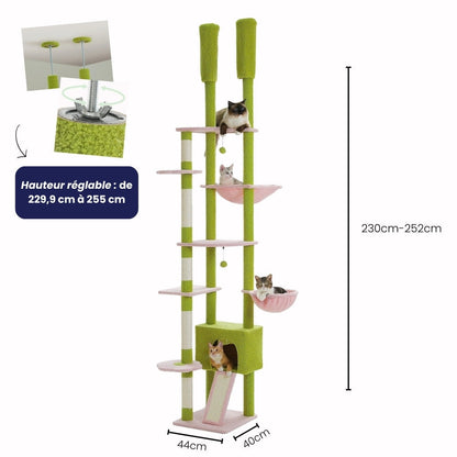 Arbre à Chat Plafond 230-255cm Hamac Bois | Vert | Perchoir Du Chat
