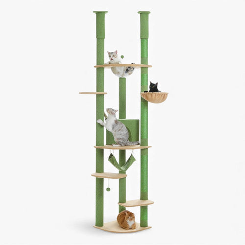 Arbre à Chat Plafond Réglable Hamac Bois | Vert | Perchoir Du Chat