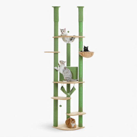 Arbre à Chat Plafond Réglable Hamac Bois | Vert | Perchoir Du Chat