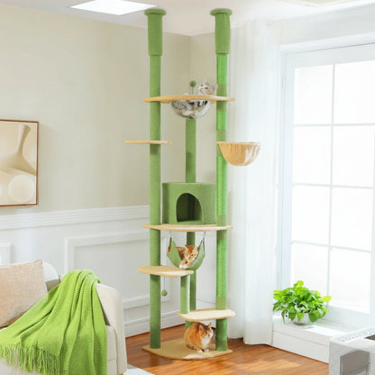 Arbre à Chat Plafond Réglable Hamac Bois | Vert | Perchoir Du Chat
