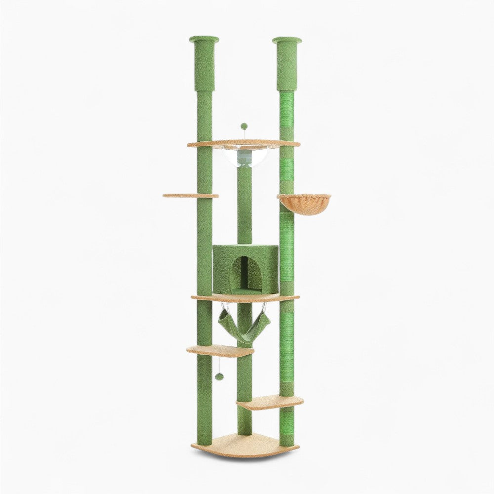 Arbre à Chat Plafond Réglable Hamac Bois | Vert | Perchoir Du Chat