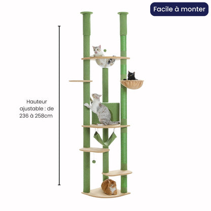 Arbre à Chat Plafond Réglable Hamac Bois | Vert | Perchoir Du Chat