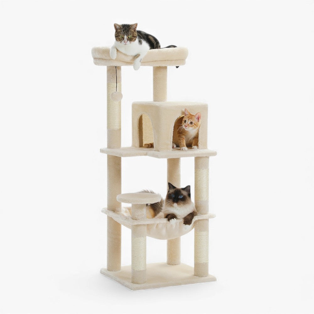 Arbre à Chat pour Maine Coon 116cm Hamac Bois | Beige | Perchoir Du Chat