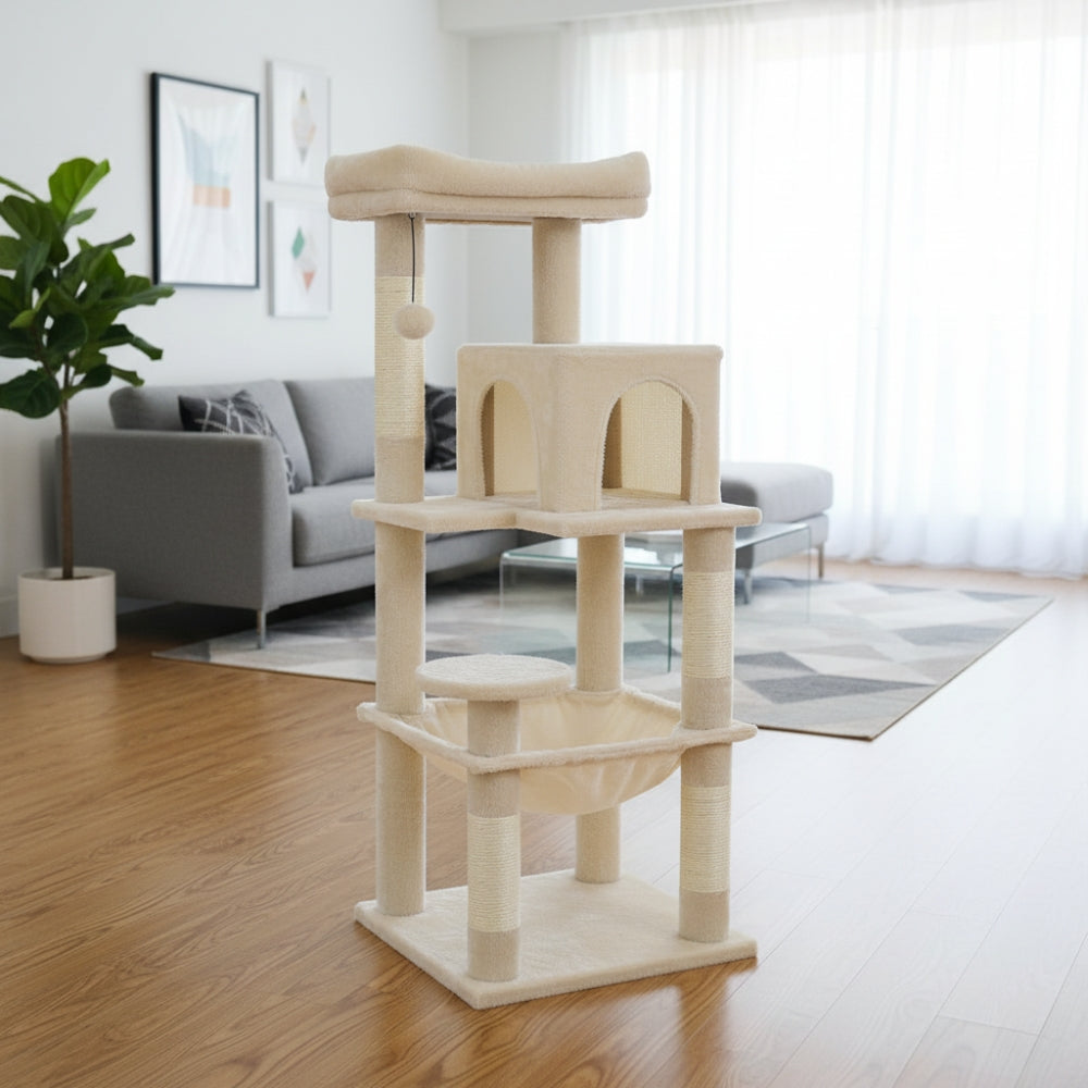 Arbre à Chat pour Maine Coon 116cm Hamac Bois | Beige | Perchoir Du Chat