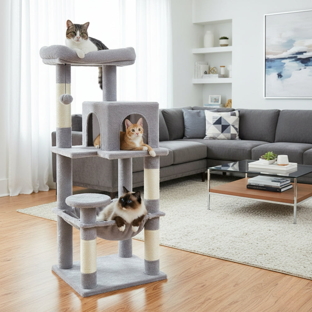 Arbre à Chat pour Maine Coon 116cm Hamac Bois | Gris | Perchoir Du Chat