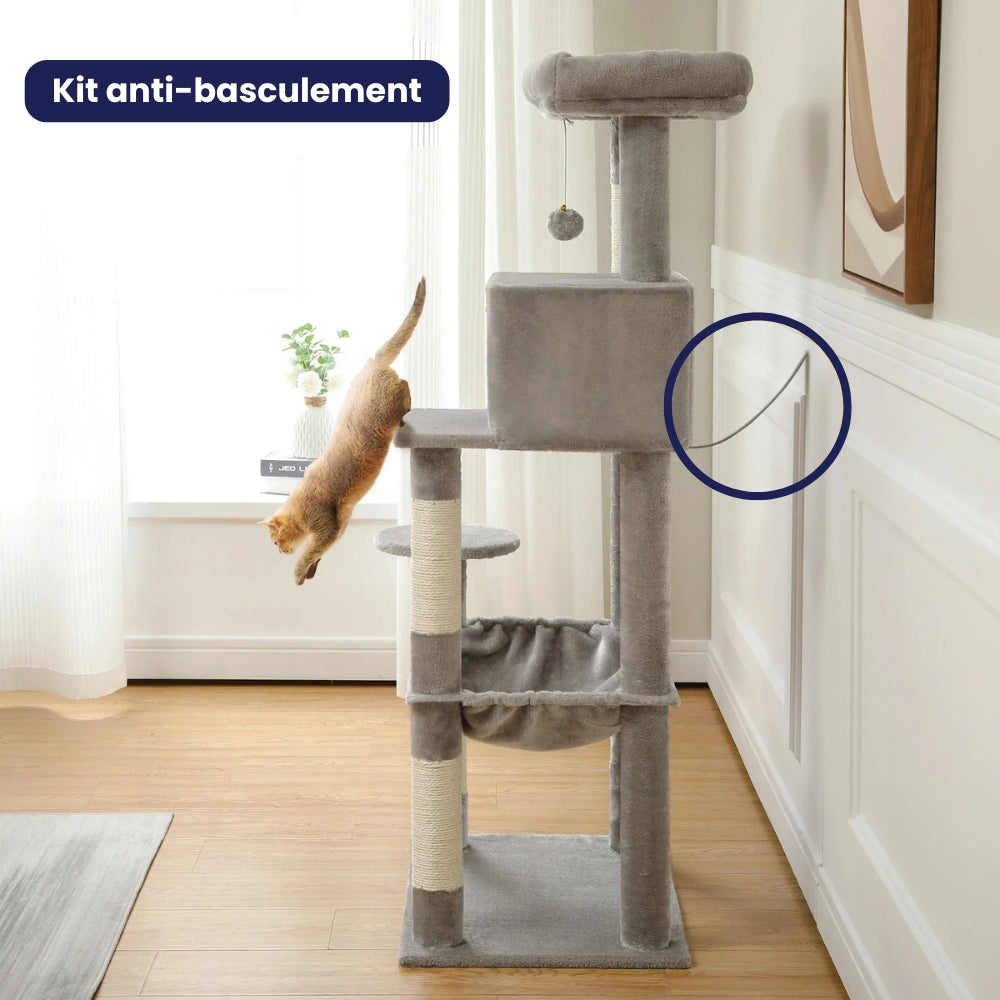 Arbre à Chat pour Maine Coon 116cm Hamac Bois | Gris | Perchoir Du Chat