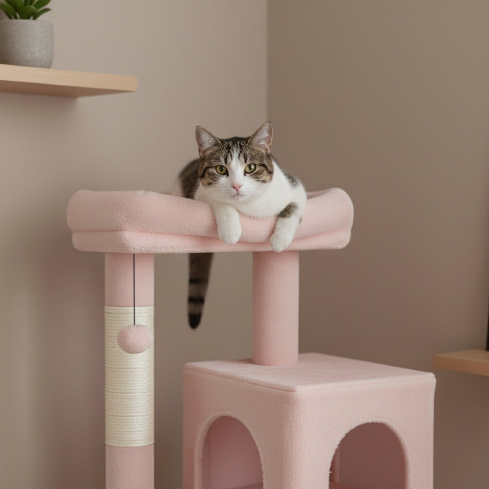Arbre à Chat pour Maine Coon 116cm Hamac Bois | Rose | Perchoir Du Chat