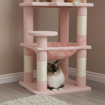 Arbre à Chat pour Maine Coon 116cm Hamac Bois | Rose | Perchoir Du Chat