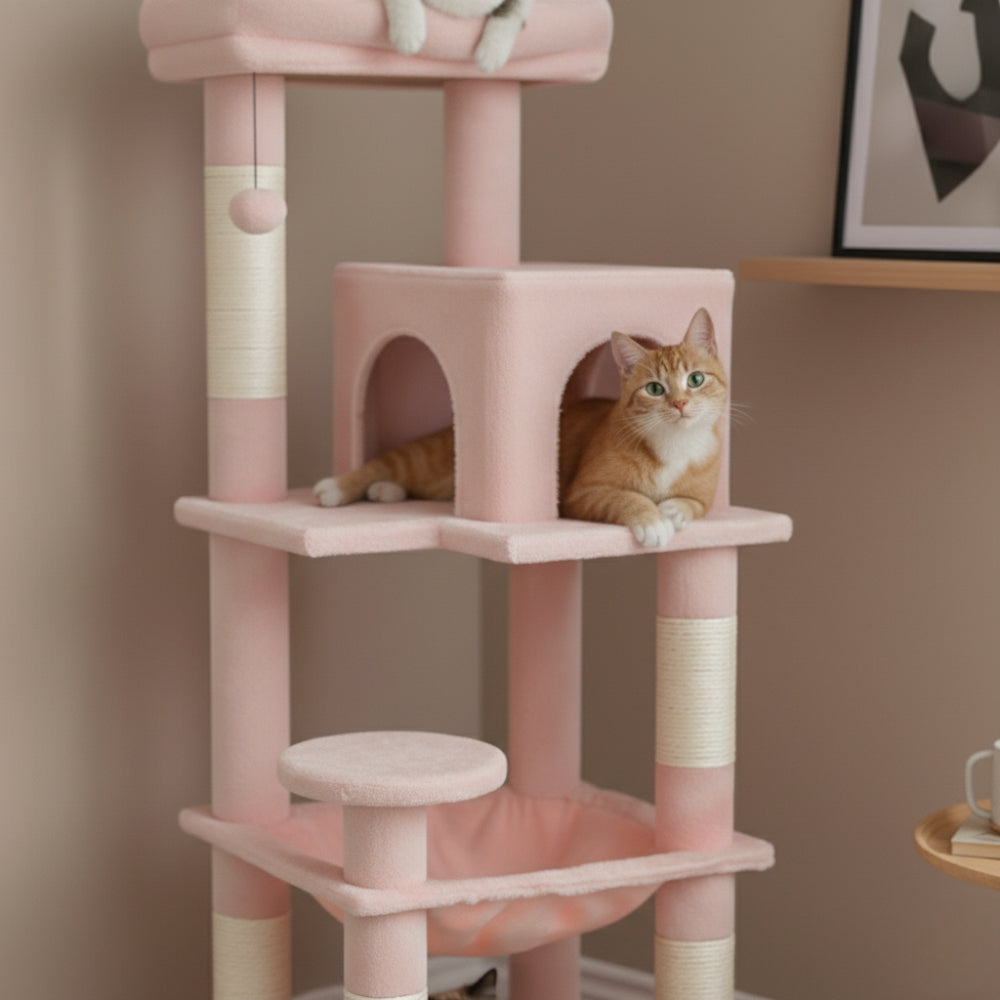 Arbre à Chat pour Maine Coon 116cm Hamac Bois | Rose | Perchoir Du Chat