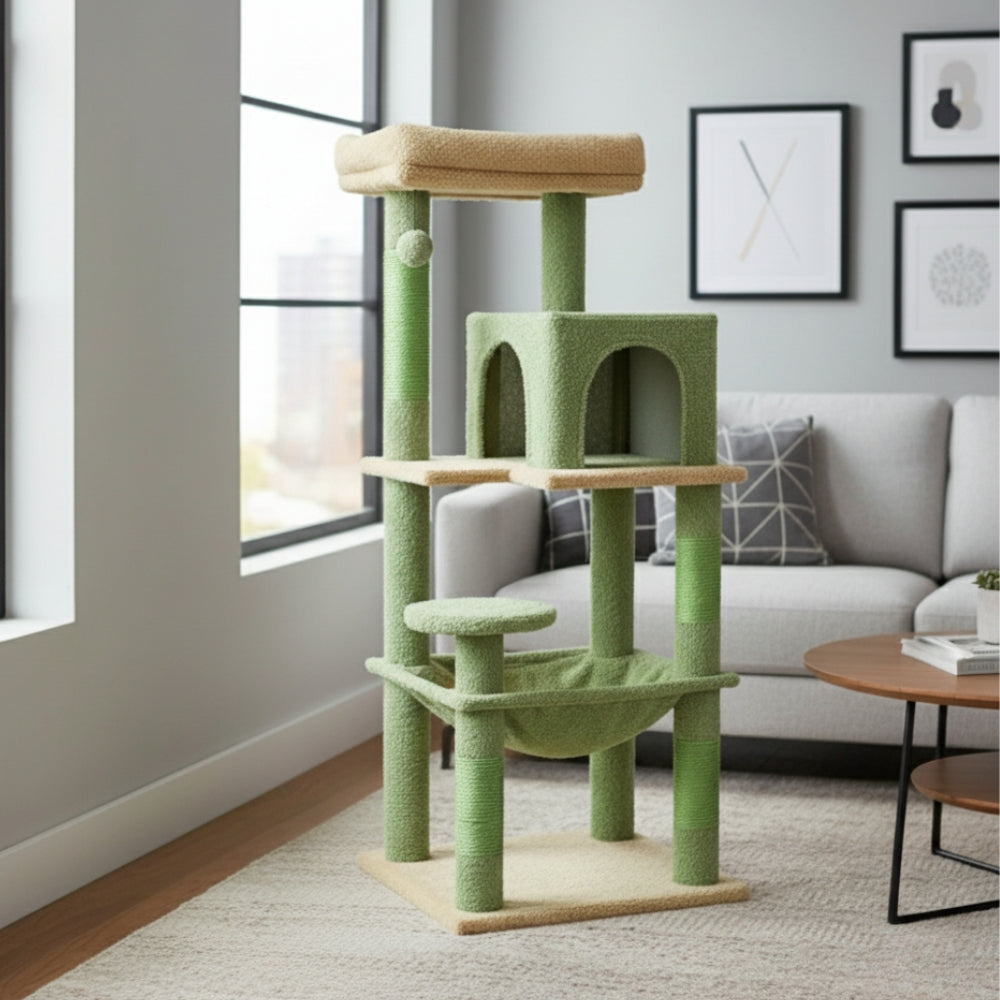 Arbre à Chat pour Maine Coon 116cm Hamac Bois | Vert | Perchoir Du Chat