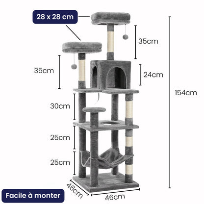 Arbre à Chat pour Maine Coon 154cm Hamac Bois | Gris Anthracite | Perchoir Du Chat