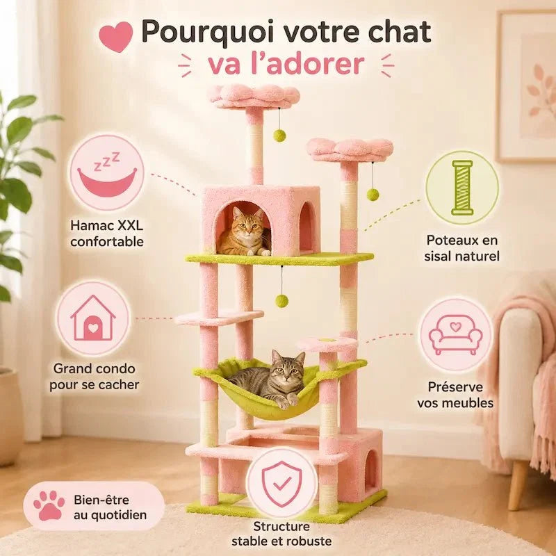 Arbre à Chat Rose 184 cm - Griffoir et Hamac