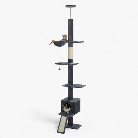 Arbre à Chat Sol Plafond 210-274cm Hamac Bois | Gris | Perchoir Du Chat