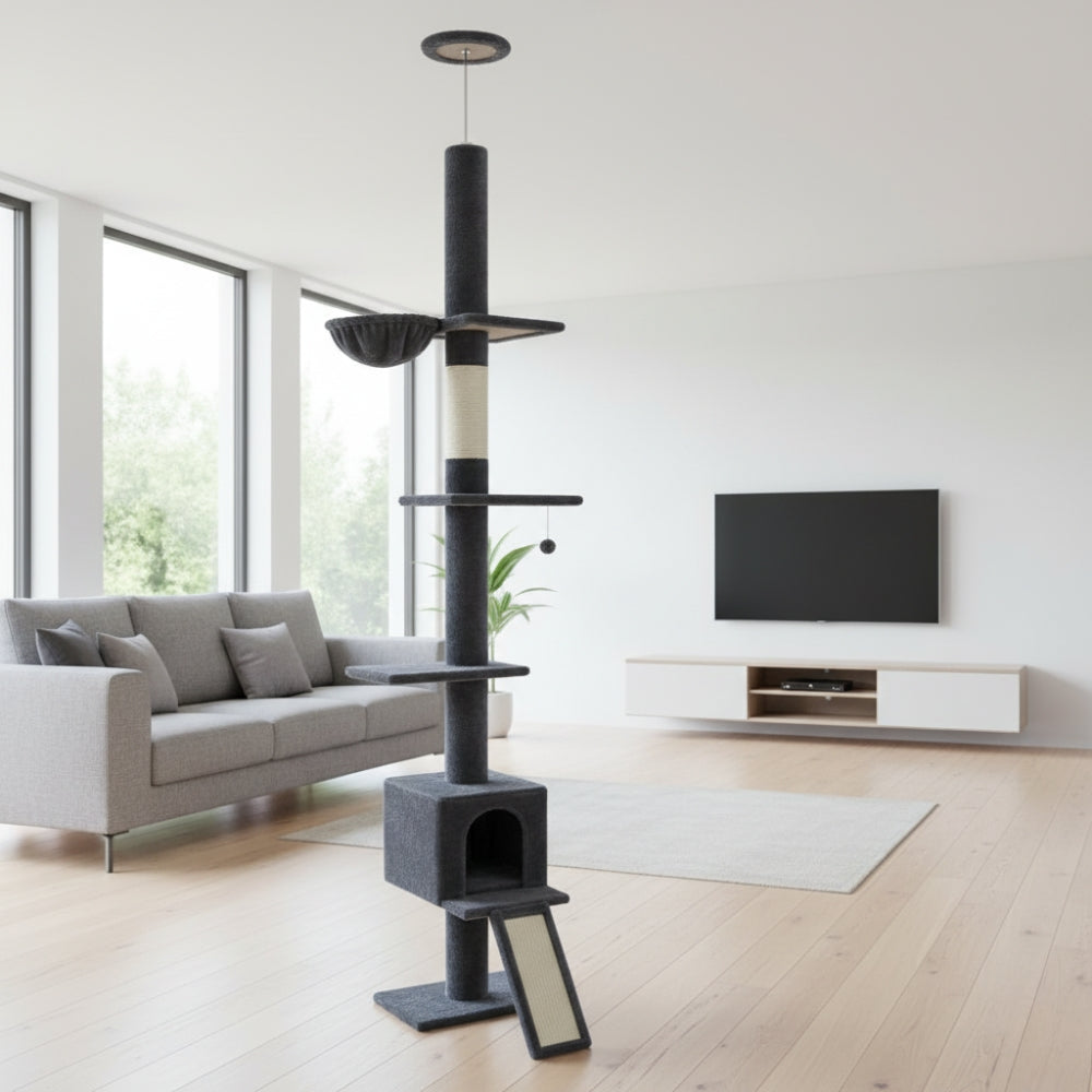 Arbre à Chat Sol Plafond 210-274cm Hamac Bois | Gris | Perchoir Du Chat