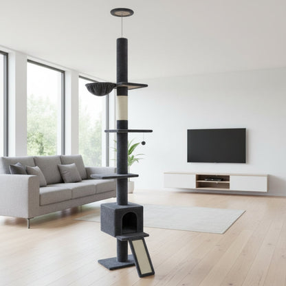 Arbre à Chat Sol Plafond 210-274cm Hamac Bois | Gris | Perchoir Du Chat