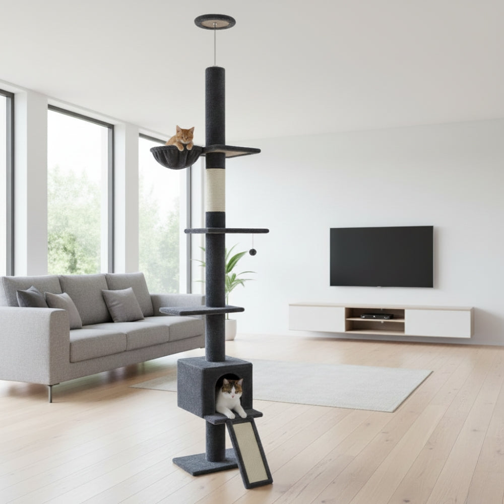 Arbre à Chat Sol Plafond 210-274cm Hamac Bois | Gris | Perchoir Du Chat