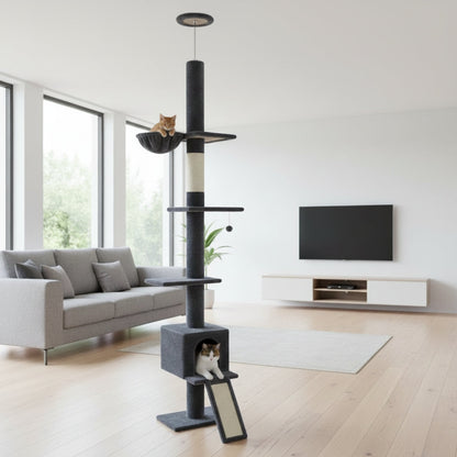 Arbre à Chat Sol Plafond 210-274cm Hamac Bois | Gris | Perchoir Du Chat