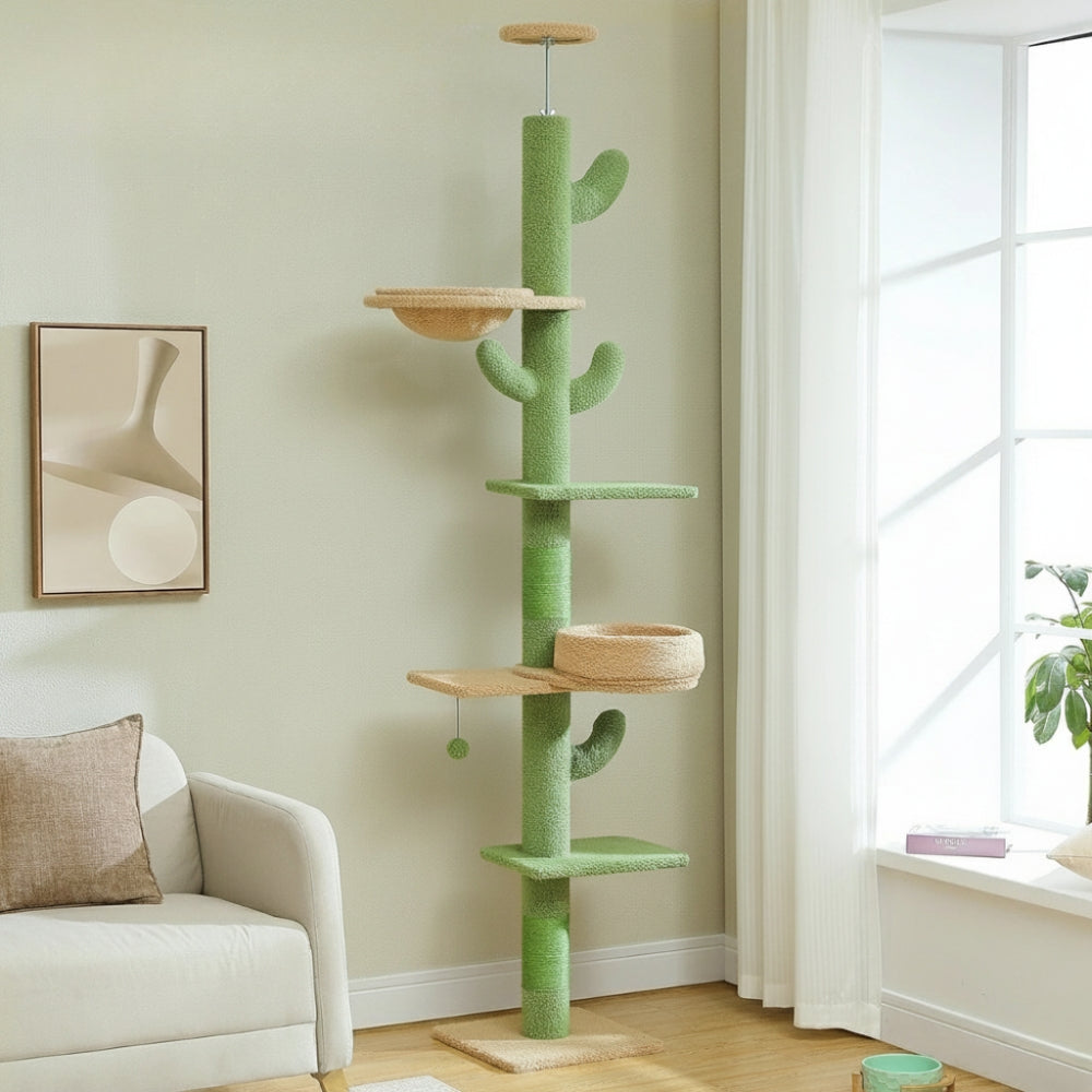 Arbre à Chat Sol Plafond 210cm Hamac Bois | Vert | Perchoir Du Chat