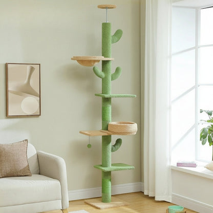 Arbre à Chat Sol Plafond 210cm Hamac Bois | Vert | Perchoir Du Chat