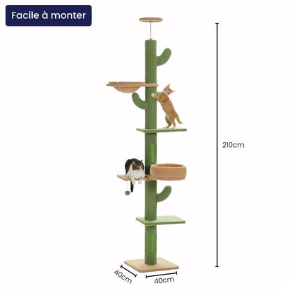 Arbre à Chat Sol Plafond 210cm Hamac Bois | Vert | Perchoir Du Chat