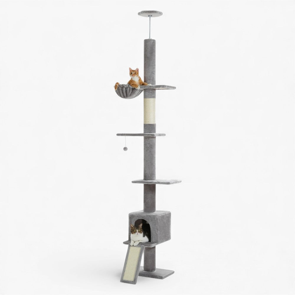 Arbre à Chat Sol Plafond Réglable Hamac Bois Clair | Gris | Perchoir Du Chat
