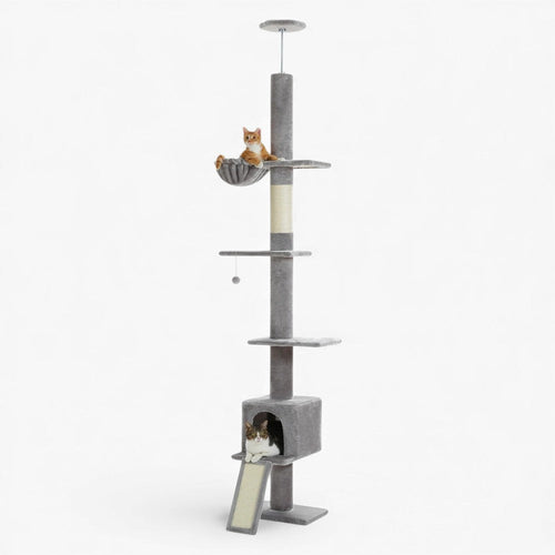 Arbre à Chat Sol Plafond Réglable Hamac Bois Clair | Gris | Perchoir Du Chat