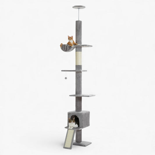 Arbre à Chat Sol Plafond Réglable Hamac Bois Clair | Gris | Perchoir Du Chat