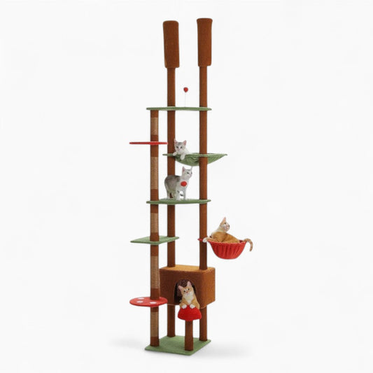 Arbre à Chat Sol Plafond Réglable Hamac Bois | Design Marron | Perchoir Du Chat