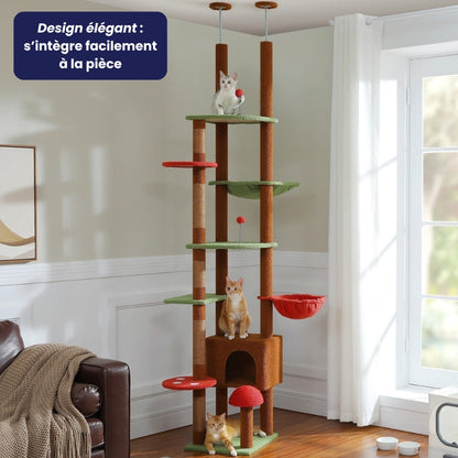 Arbre à Chat Sol Plafond Réglable Hamac Bois | Design Marron | Perchoir Du Chat