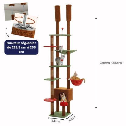 Arbre à Chat Sol Plafond Réglable Hamac Bois | Design Marron | Perchoir Du Chat