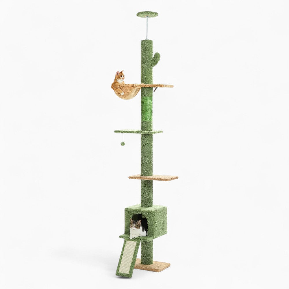 Arbre à Chat Sol Plafond Réglable Hamac Bois | Vert | Perchoir Du Chat