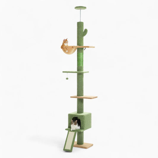 Arbre à Chat Sol Plafond Réglable Hamac Bois | Vert | Perchoir Du Chat