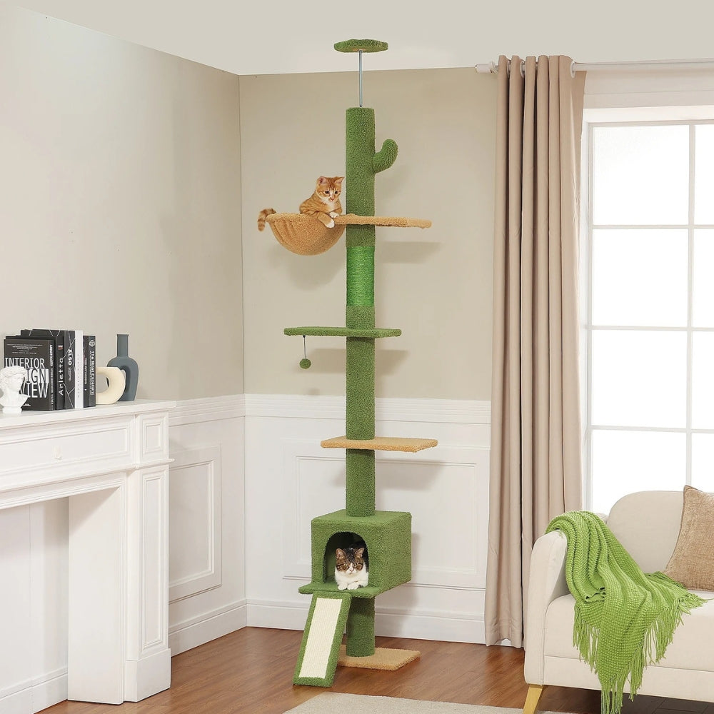 Arbre à Chat Sol Plafond Réglable Hamac Bois | Vert | Perchoir Du Chat
