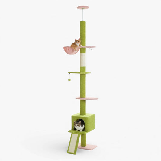 Arbre à Chat Sol Plafond Réglable Hamac Bois | Vert Rose | Perchoir Du Chat