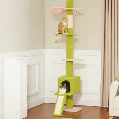 Arbre à Chat Sol Plafond Réglable Hamac Bois | Vert Rose | Perchoir Du Chat