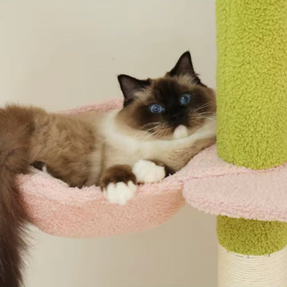 Arbre à Chat Sol Plafond Réglable Hamac Bois | Vert Rose | Perchoir Du Chat