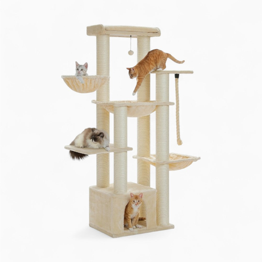 Arbre à Chat XXL 170cm Hamac Bois | Beige | Perchoir Du Chat