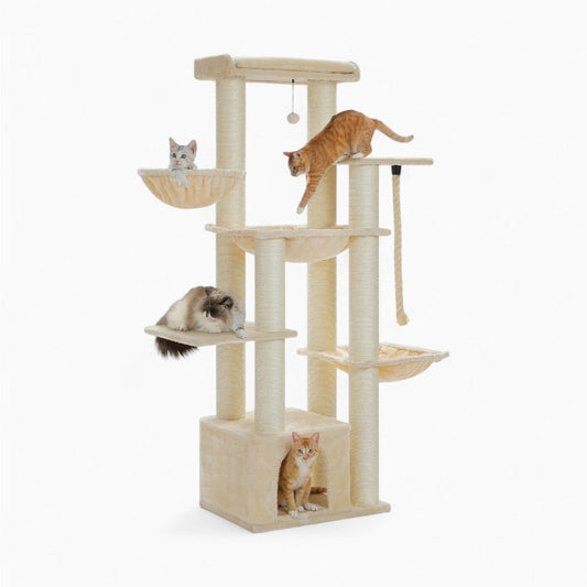 Arbre à Chat XXL 170cm Hamac Bois | Beige | Perchoir Du Chat